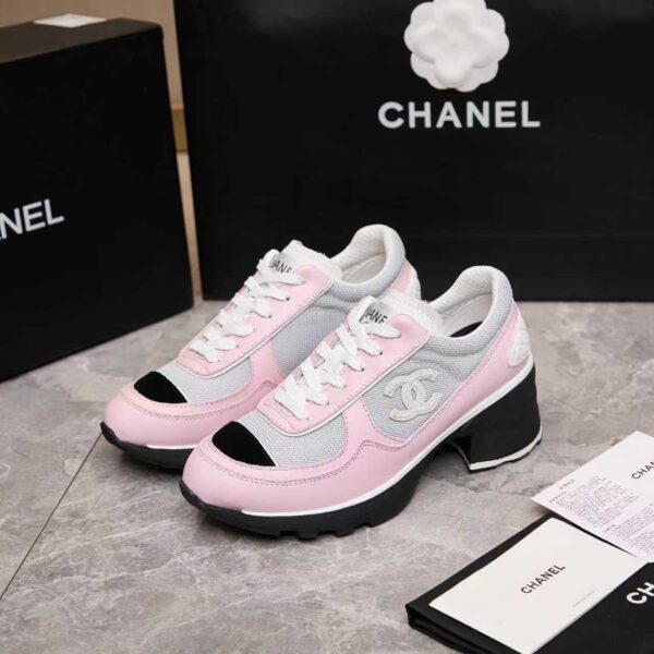 Chanel Mesh & Leather Block-Heel Platform Trainer Pink-Grey-BlockHeel