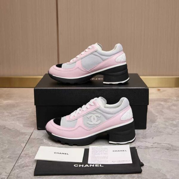 Chanel Mesh & Leather Block-Heel Platform Trainer Pink-Grey-BlockHeel