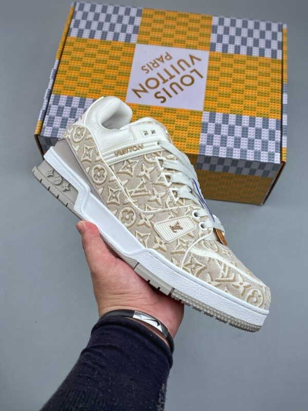 sy_no_BB7BFE7339B3F096F06A50567F676408_0 Louis Vuitton Men's Trainer Sneakers, Beige Jacquard Fabric, 2026 Early Autumn New Arrival