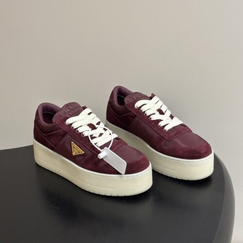 sy_no_BB951FBA9174745D11B1613DE6351B61_0 Prada Burgundy Suede Gold Triangle Platform Sneaker