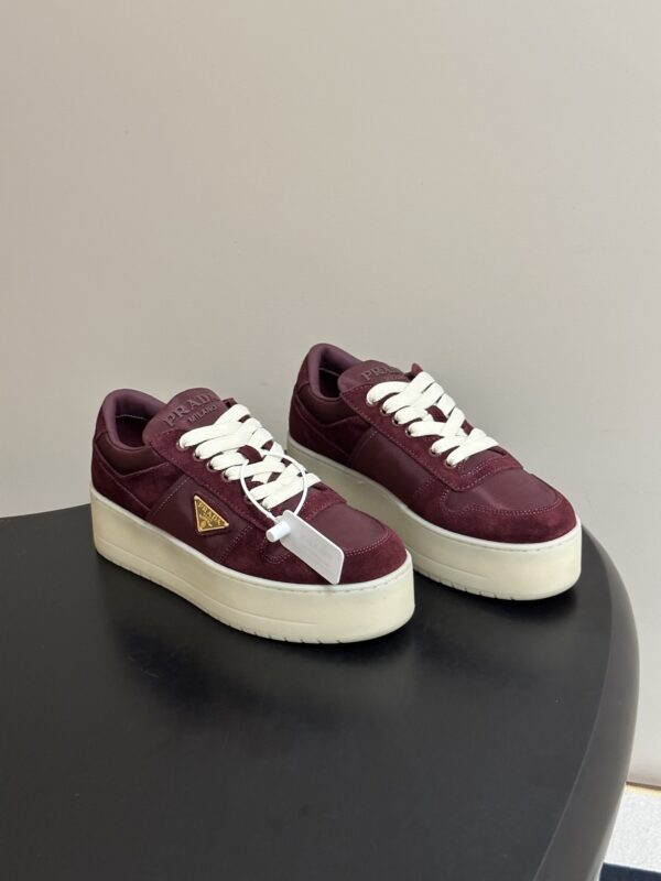 Prada Burgundy Suede Gold Triangle Platform Sneaker