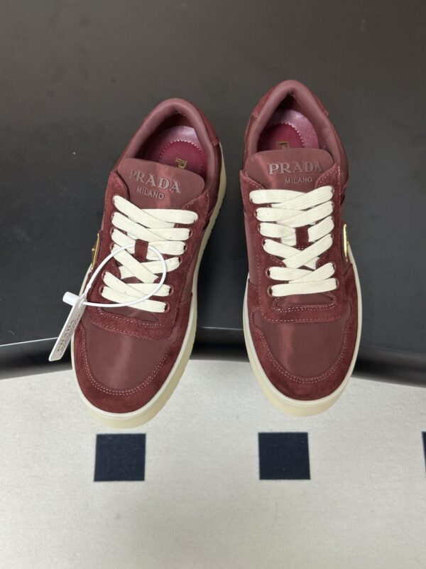 Prada Burgundy Suede Gold Triangle Platform Sneaker