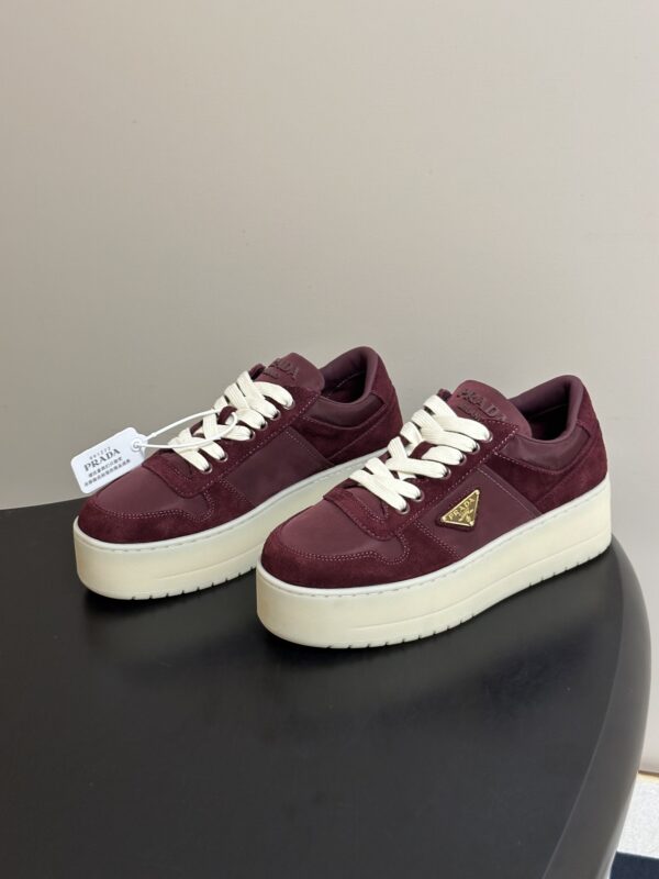 Prada Burgundy Suede Gold Triangle Platform Sneaker