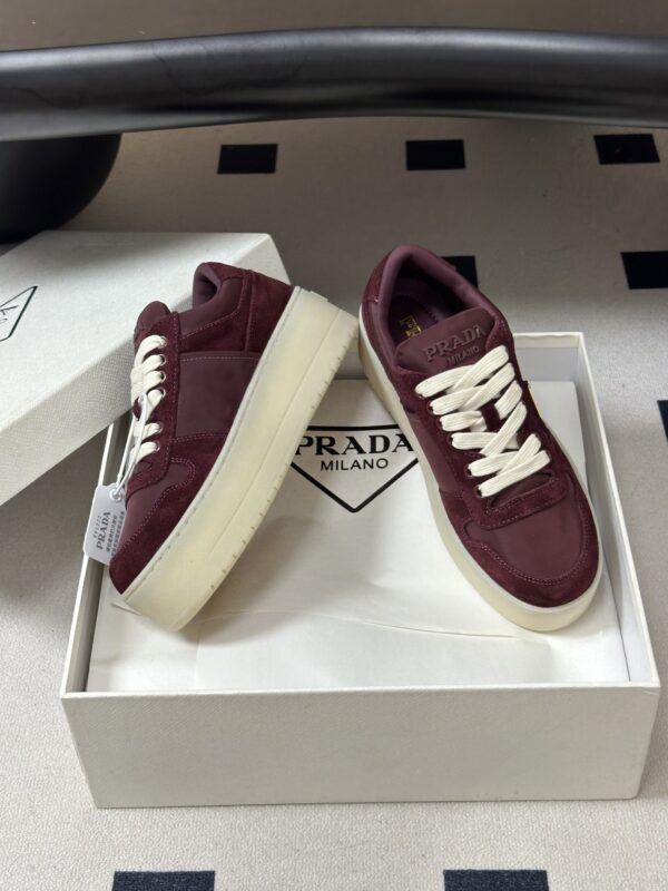 Prada Burgundy Suede Gold Triangle Platform Sneaker