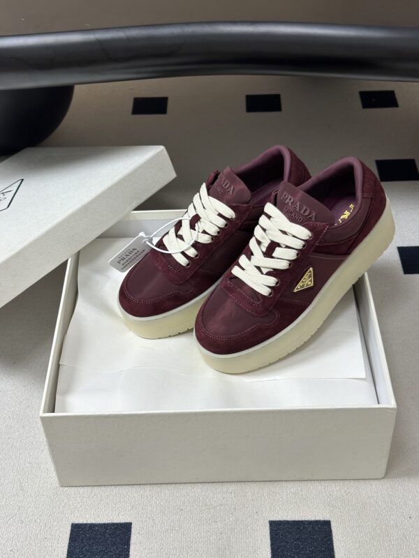 Prada Burgundy Suede Gold Triangle Platform Sneaker