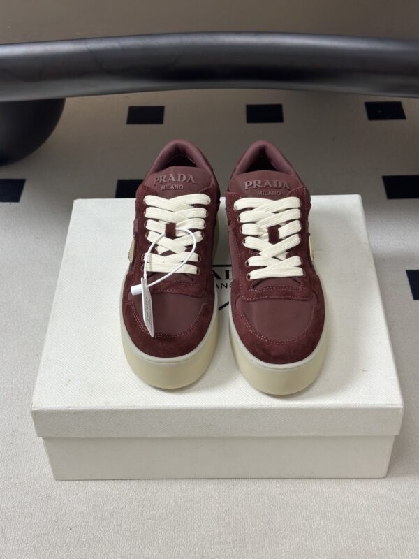 Prada Burgundy Suede Gold Triangle Platform Sneaker