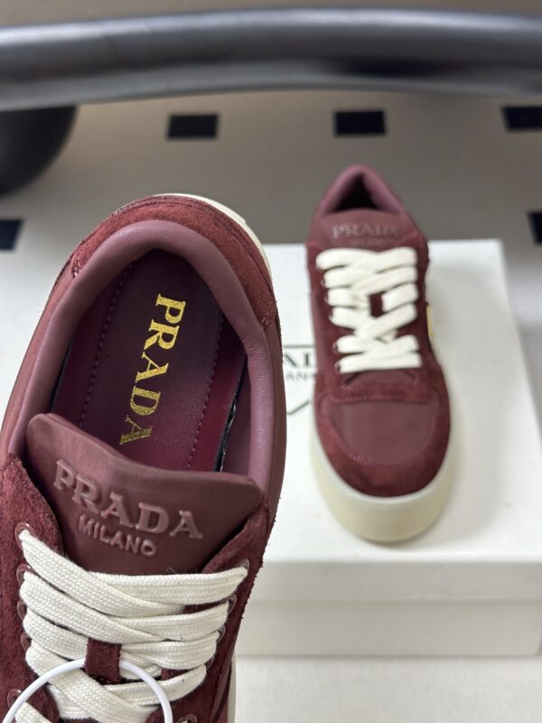 Prada Burgundy Suede Gold Triangle Platform Sneaker