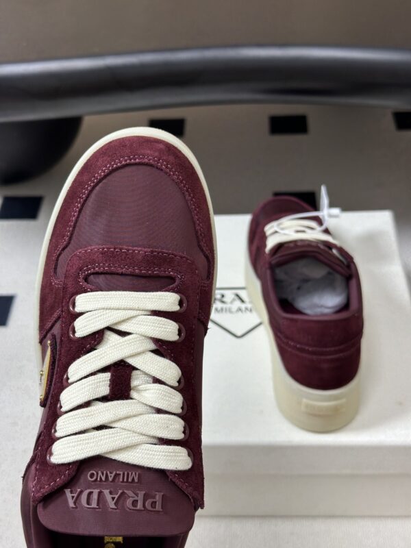 Prada Burgundy Suede Gold Triangle Platform Sneaker