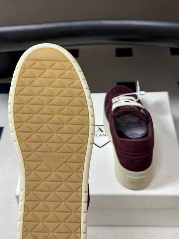 Prada Burgundy Suede Gold Triangle Platform Sneaker