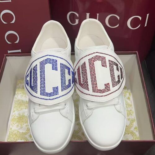 Gucci White Leather Low-Top Sneaker with Large Crystal Logo Flap