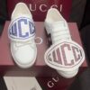 sy_no_BC8106A8DE57409D19499546F5F3EFE0_6 Gucci White Leather Low-Top Sneaker with Large Crystal Logo Flap