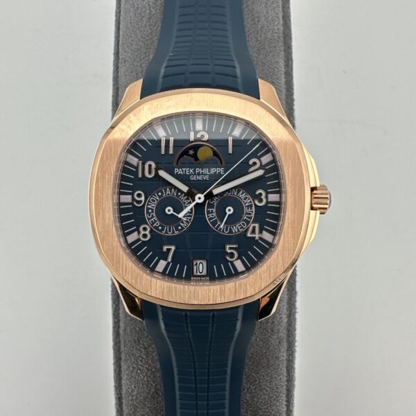 Patek Philippe rose gold Aquamarine watch, 39.9mm diameter, perpetual calendar, automatic movement, 25-year unisex model.
