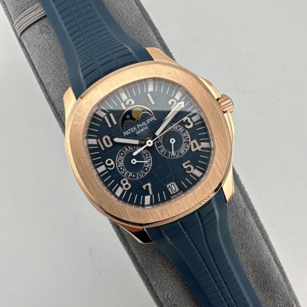 Patek Philippe rose gold Aquamarine watch, 39.9mm diameter, perpetual calendar, automatic movement, 25-year unisex model.