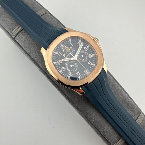 Patek Philippe rose gold Aquamarine watch, 39.9mm diameter, perpetual calendar, automatic movement, 25-year unisex model.