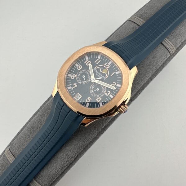 Patek Philippe rose gold Aquamarine watch, 39.9mm diameter, perpetual calendar, automatic movement, 25-year unisex model.