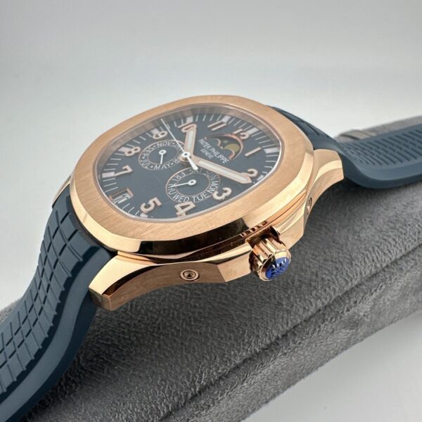 Patek Philippe rose gold Aquamarine watch, 39.9mm diameter, perpetual calendar, automatic movement, 25-year unisex model.