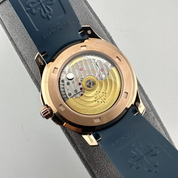 Patek Philippe rose gold Aquamarine watch, 39.9mm diameter, perpetual calendar, automatic movement, 25-year unisex model.
