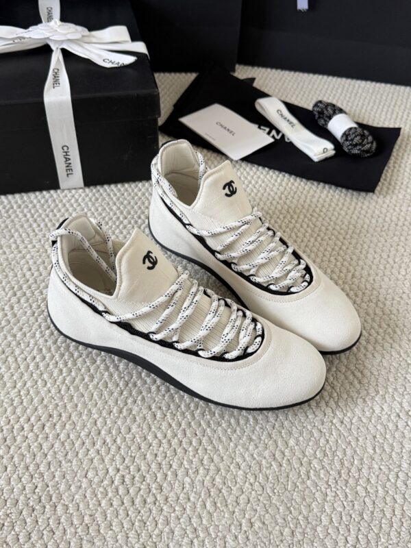 sy_no_BF7CC282A9A113B66A93CE065E6B9981_2 Chanel White Knit and Suede Slip-On Low-Top Sneaker with Speckled Laces and CC Logo
