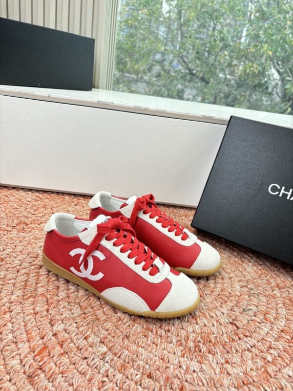 Chanel Red & White Cap-Toe Low-Top Sneaker with Red Laces