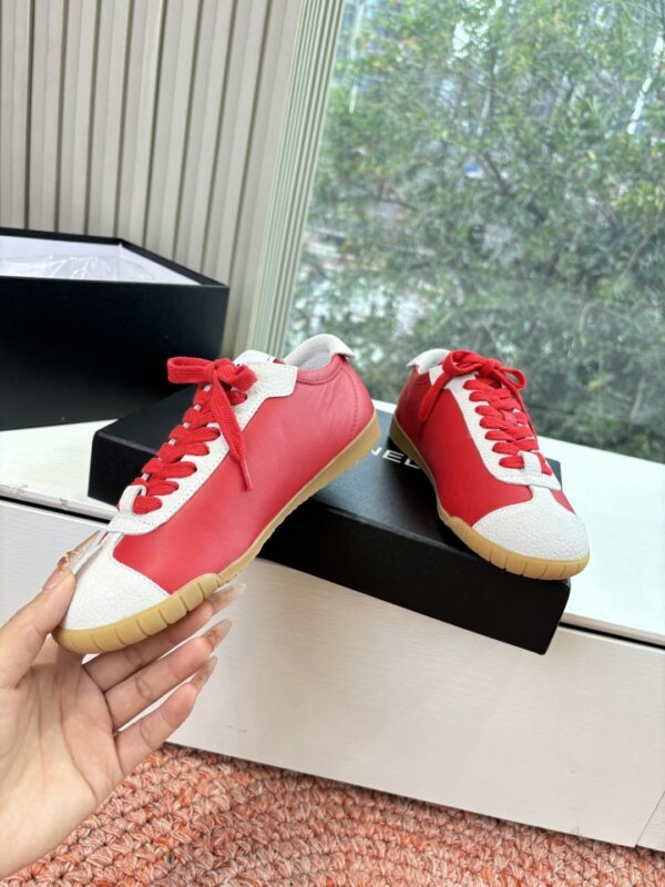 Chanel Red & White Cap-Toe Low-Top Sneaker with Red Laces