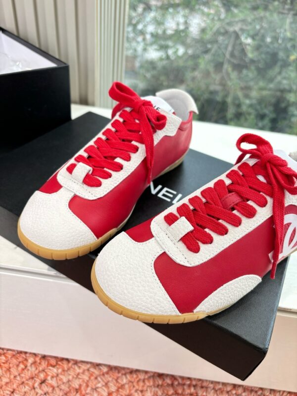Chanel Red & White Cap-Toe Low-Top Sneaker with Red Laces