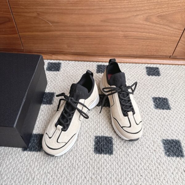 Chanel Suede & Knit Collar Platform Trainer Beige-Black-Knit