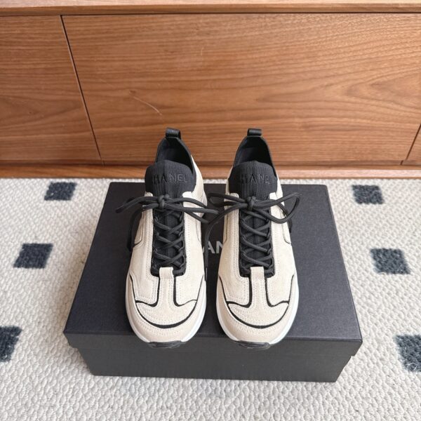 Chanel Suede & Knit Collar Platform Trainer Beige-Black-Knit
