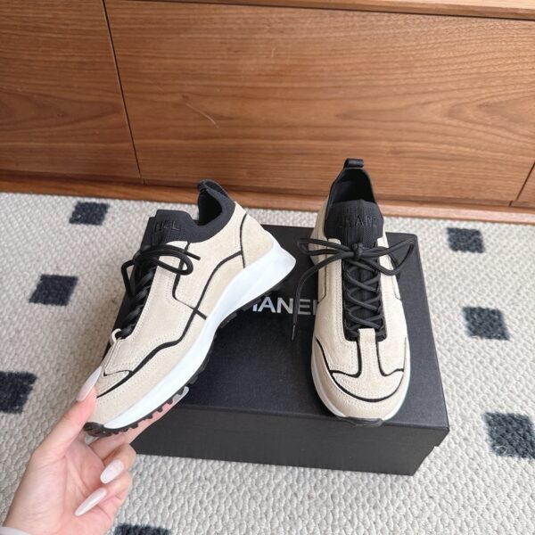 Chanel Suede & Knit Collar Platform Trainer Beige-Black-Knit