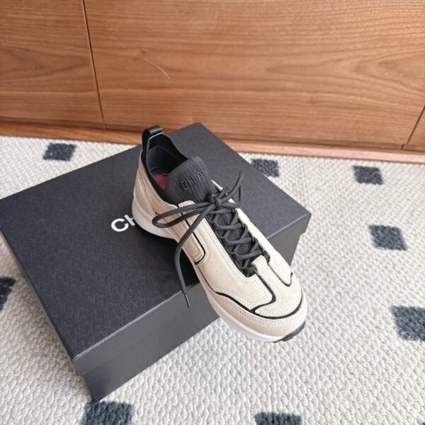 Chanel Suede & Knit Collar Platform Trainer Beige-Black-Knit