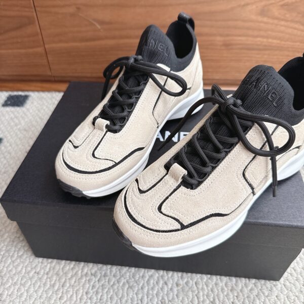 Chanel Suede & Knit Collar Platform Trainer Beige-Black-Knit