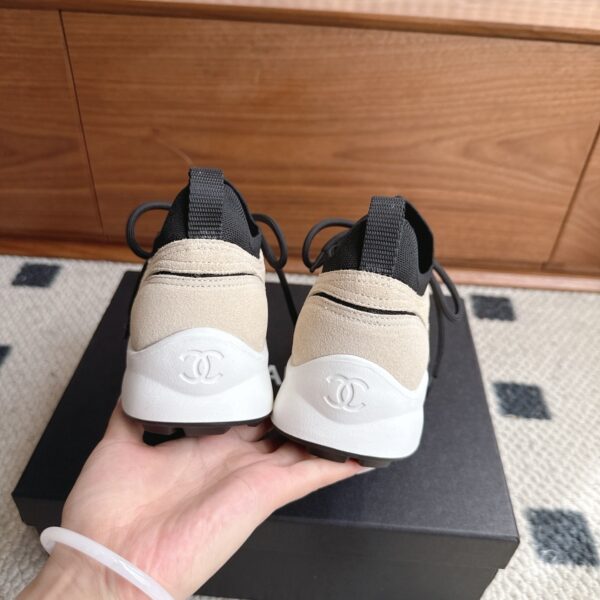 Chanel Suede & Knit Collar Platform Trainer Beige-Black-Knit