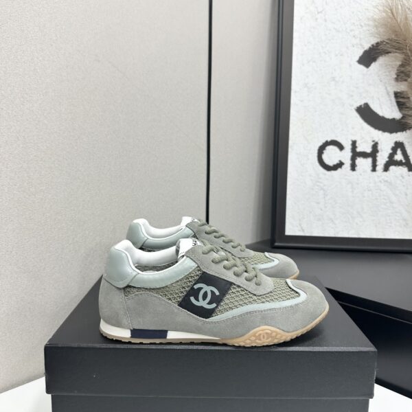 sy_no_C9327F0C6BCEBCBE3CBA892ADC399F91_0 Chanel Sage Green Suede and Mesh Low-Top Sneaker with Black Side Stripe and CC Logo