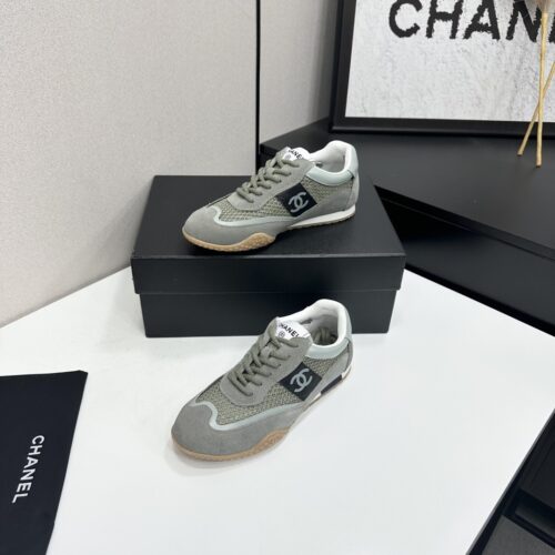 sy_no_C9327F0C6BCEBCBE3CBA892ADC399F91_1 Chanel Sage Green Suede and Mesh Low-Top Sneaker with Black Side Stripe and CC Logo
