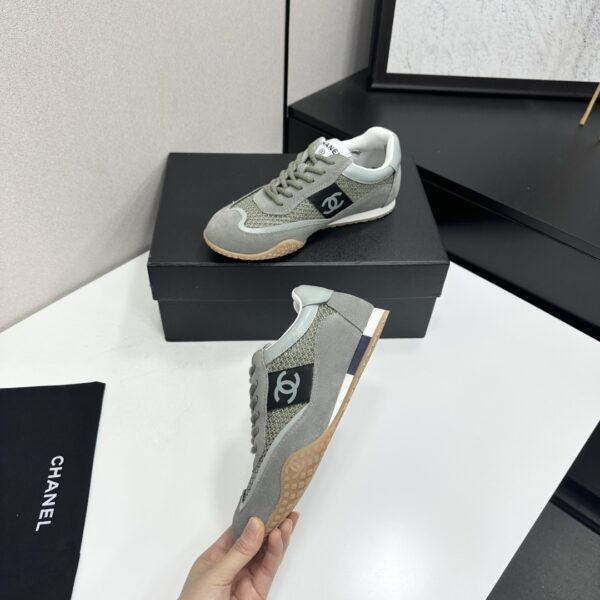 sy_no_C9327F0C6BCEBCBE3CBA892ADC399F91_2 Chanel Sage Green Suede and Mesh Low-Top Sneaker with Black Side Stripe and CC Logo