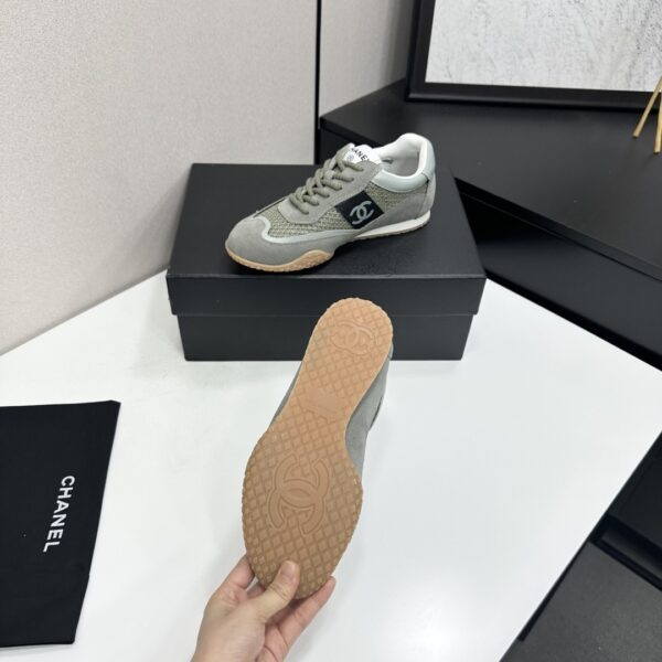 sy_no_C9327F0C6BCEBCBE3CBA892ADC399F91_3 Chanel Sage Green Suede and Mesh Low-Top Sneaker with Black Side Stripe and CC Logo