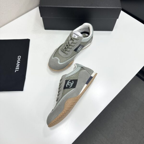 sy_no_C9327F0C6BCEBCBE3CBA892ADC399F91_4 Chanel Sage Green Suede and Mesh Low-Top Sneaker with Black Side Stripe and CC Logo