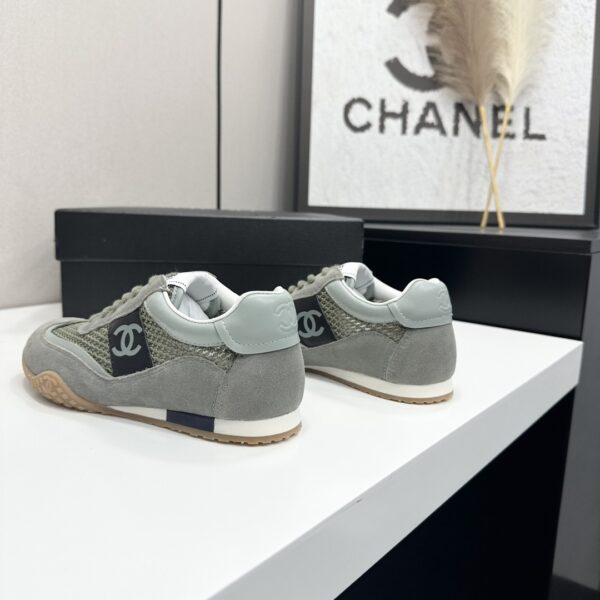 sy_no_C9327F0C6BCEBCBE3CBA892ADC399F91_5 Chanel Sage Green Suede and Mesh Low-Top Sneaker with Black Side Stripe and CC Logo