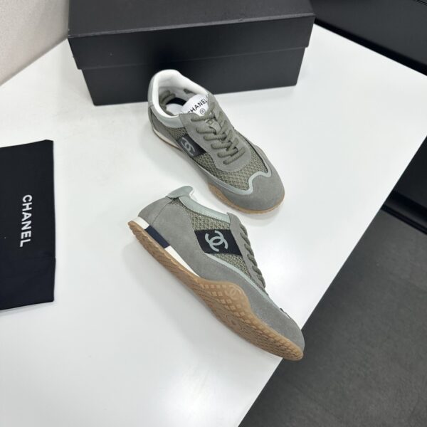 sy_no_C9327F0C6BCEBCBE3CBA892ADC399F91_6 Chanel Sage Green Suede and Mesh Low-Top Sneaker with Black Side Stripe and CC Logo
