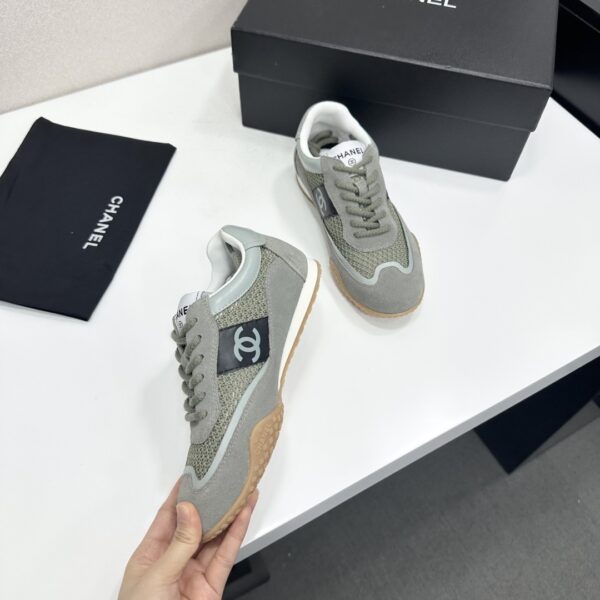 sy_no_C9327F0C6BCEBCBE3CBA892ADC399F91_7 Chanel Sage Green Suede and Mesh Low-Top Sneaker with Black Side Stripe and CC Logo