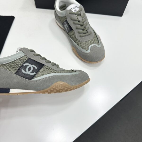 sy_no_C9327F0C6BCEBCBE3CBA892ADC399F91_8 Chanel Sage Green Suede and Mesh Low-Top Sneaker with Black Side Stripe and CC Logo