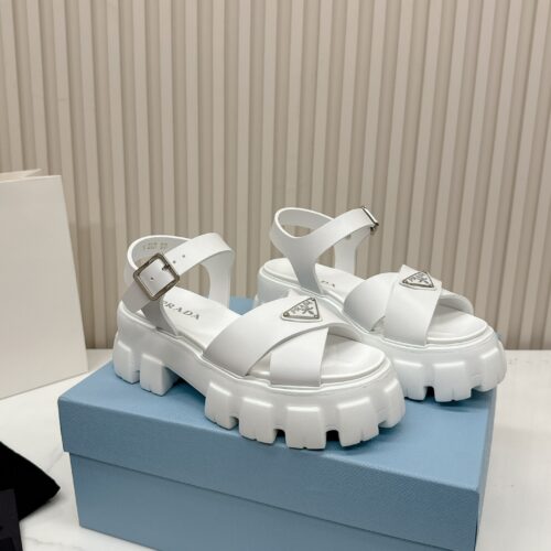 sy_no_C9ADD3A02F6444BB0F83DC03424EDD43_0 Prada White Triangle Logo Gear Platform Sandal