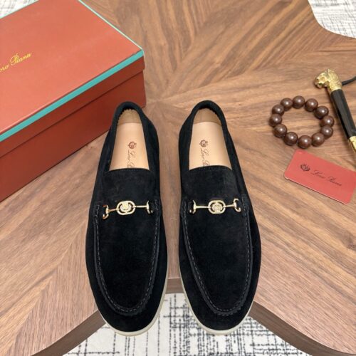Loro Piana Black Suede Metal-Buckle Loafers