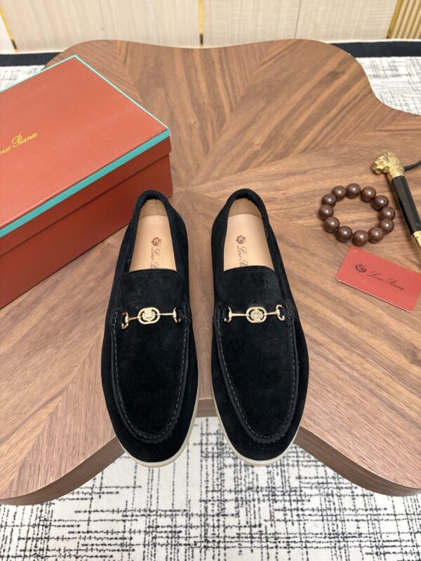 sy_no_CA6AC1A3388513C577A79FE101698881_0 Loro Piana Black Suede Metal-Buckle Loafers