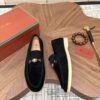 sy_no_CA6AC1A3388513C577A79FE101698881_1 Loro Piana Black Suede Metal-Buckle Loafers