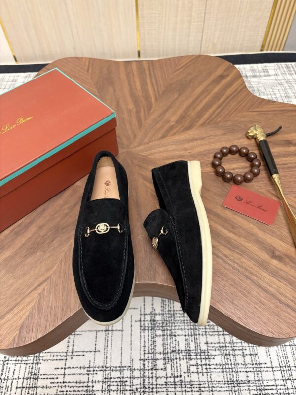 sy_no_CA6AC1A3388513C577A79FE101698881_1 Loro Piana Black Suede Metal-Buckle Loafers
