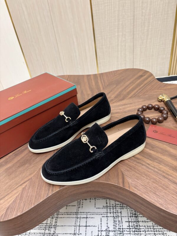 sy_no_CA6AC1A3388513C577A79FE101698881_2 Loro Piana Black Suede Metal-Buckle Loafers