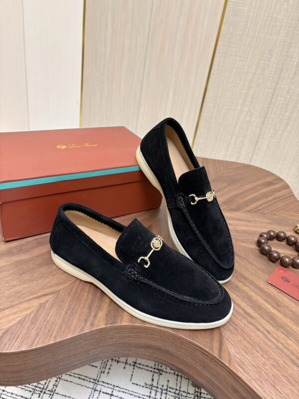 sy_no_CA6AC1A3388513C577A79FE101698881_3 Loro Piana Black Suede Metal-Buckle Loafers