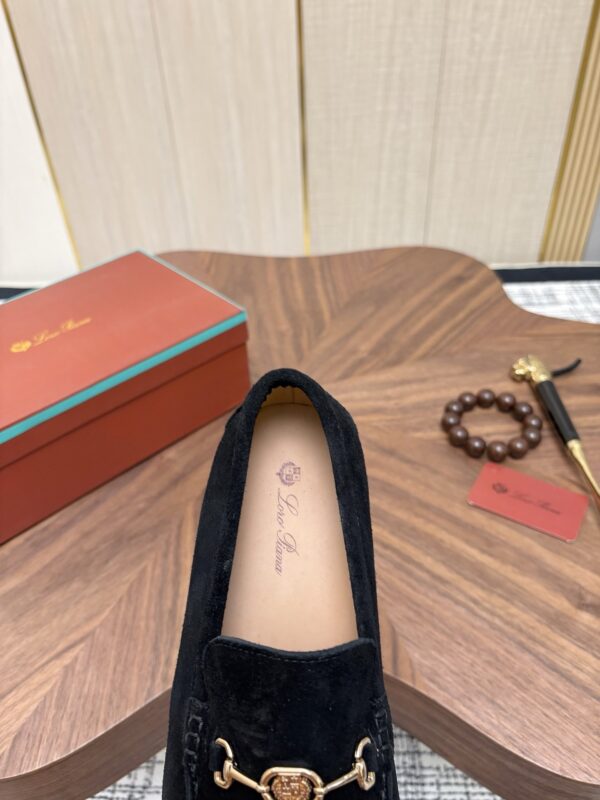 sy_no_CA6AC1A3388513C577A79FE101698881_5 Loro Piana Black Suede Metal-Buckle Loafers