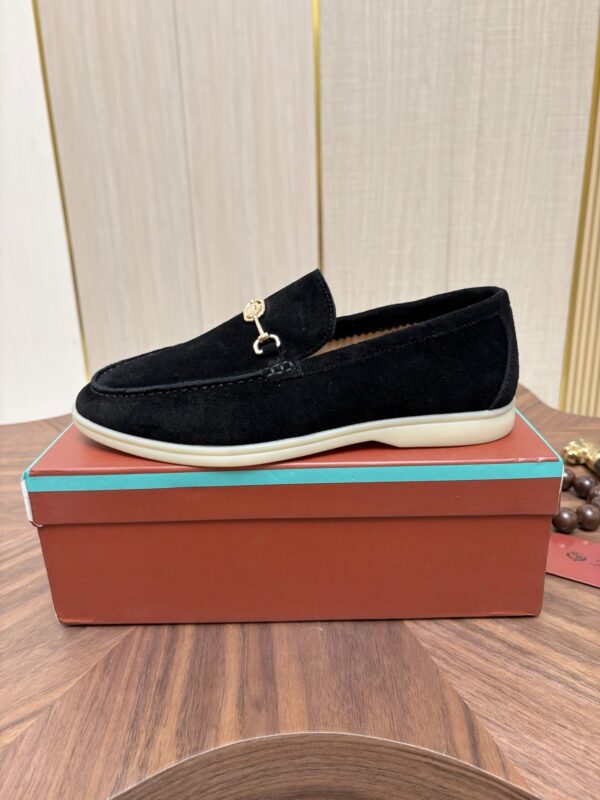 sy_no_CA6AC1A3388513C577A79FE101698881_6 Loro Piana Black Suede Metal-Buckle Loafers