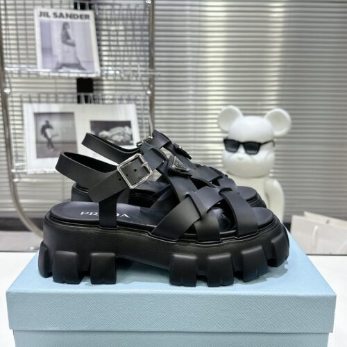 Prada Black Woven Roman Gear Platform Sandal